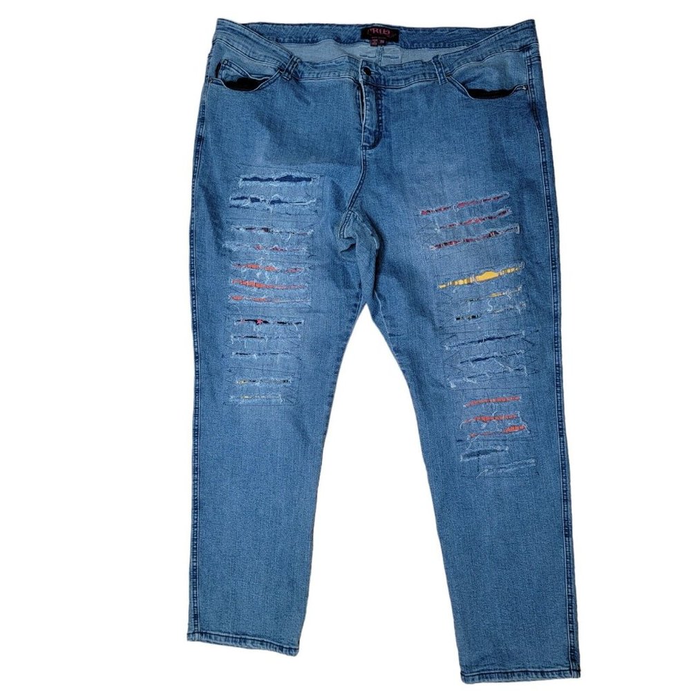 TRIPP NYC Plus Size‎ 26 Women's Distressed Plaid Skinny Blue Denim Jeans FLAW